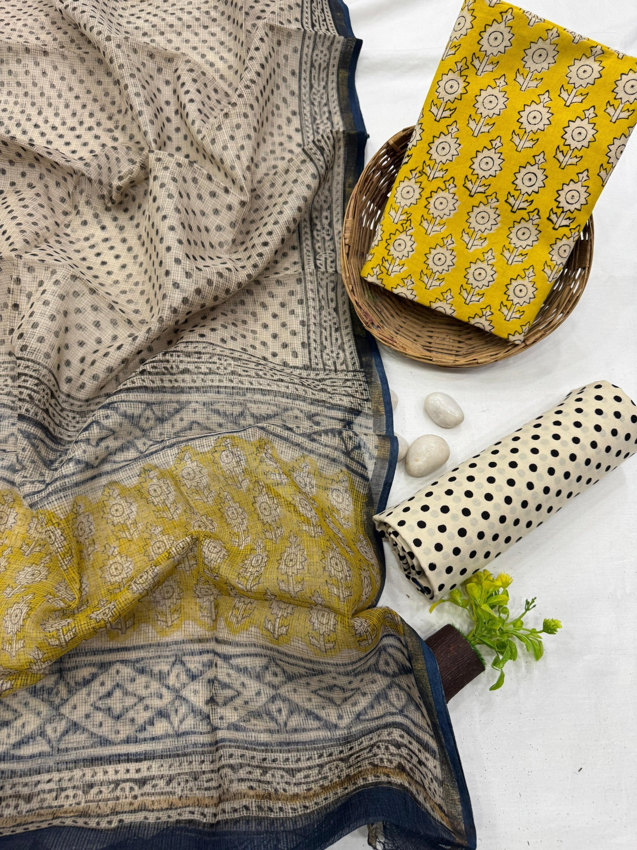 Handcrafted Cotton Dress Material with Yellow Butti Kota Doria Dupatta – Lightweight handblock printed fabric for boutiques, designers & wholesale buyers